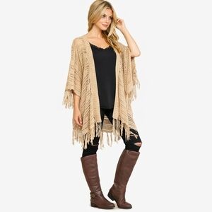 Umgee Beige Open-Knit Fringe Shrug